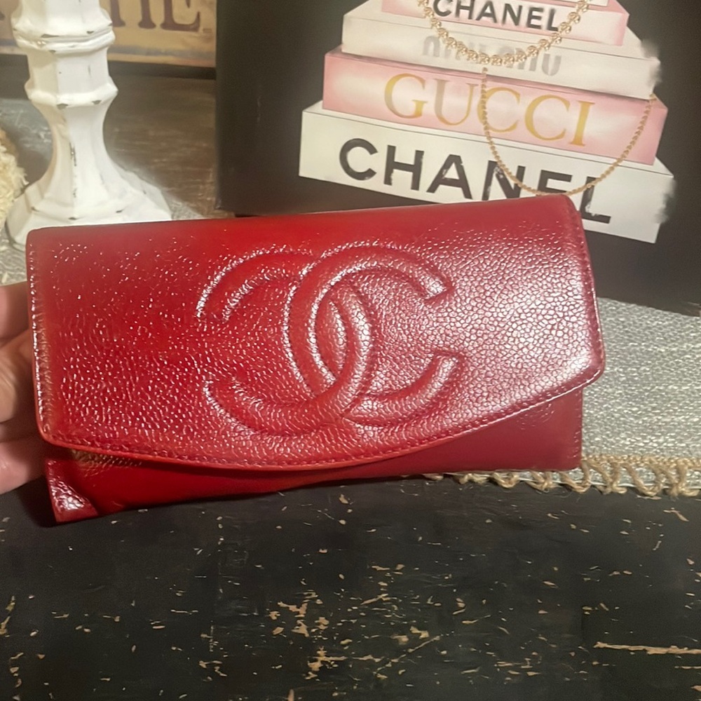 Chanel Red CC Logo Leather Clutch Wallet